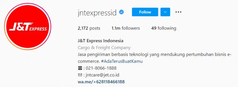 contoh bio instagram bisnis oleh j&t