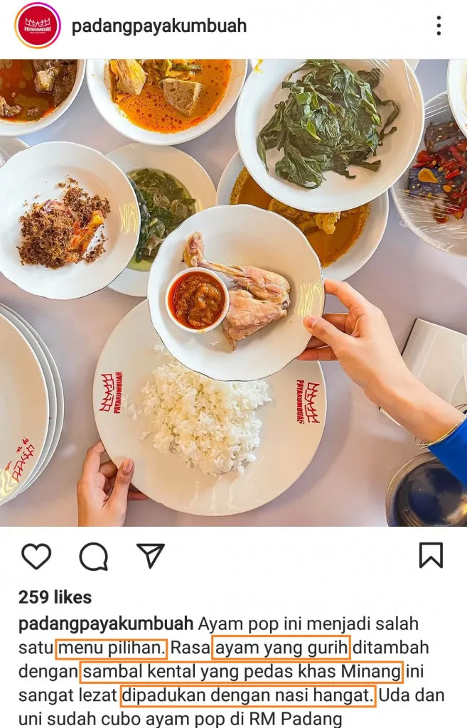 Contoh Copy Writing di Instagram Rumah Makan Padang